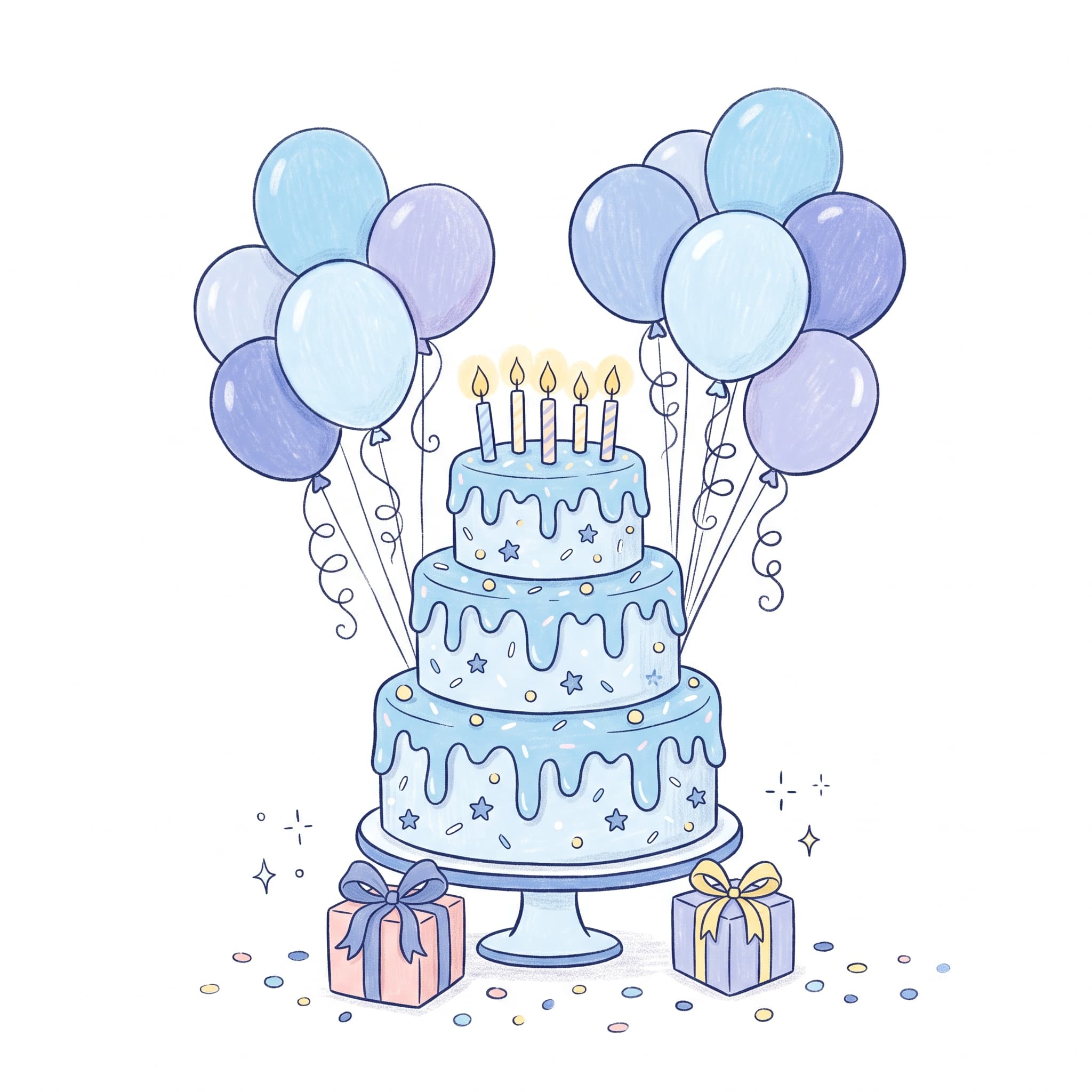 Hand-drawn birthday cake with lit candles, surrounded by pastel blue balloons and wrapped gifts